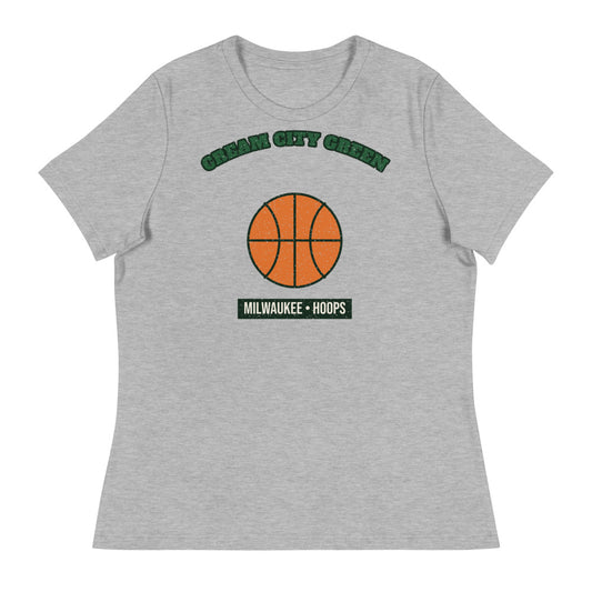 Women's Cream City Green Hoops Tee in athletic heather, front