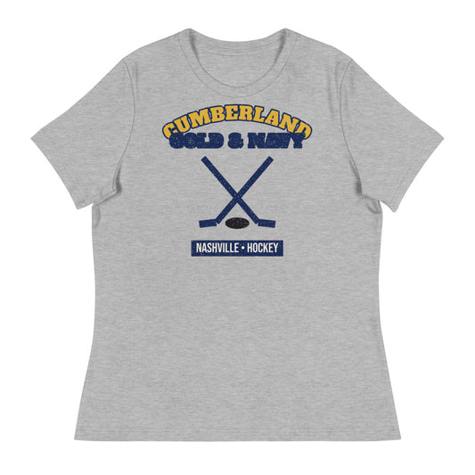Women's Cumberland Gold & Navy Hockey Tee in athletic heather, front