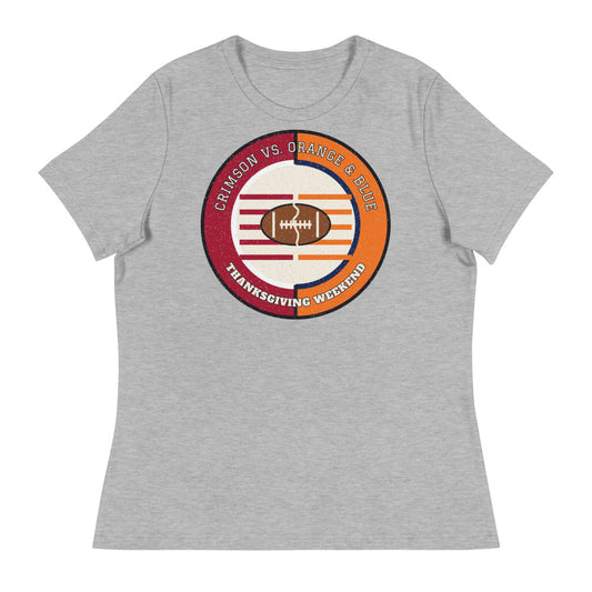 Women's Crimson vs Orange and Blue Thanksgiving Weekend Football Tee in athletic heather, front