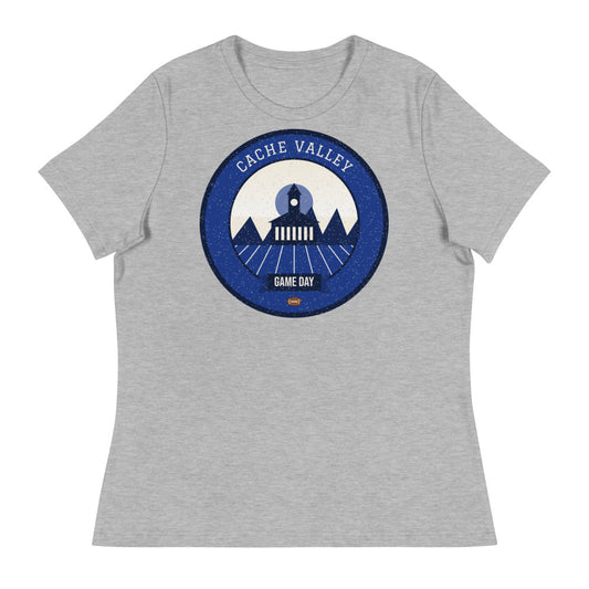 Women's Deep Blue Cache Valley Game Day Tee in athletic heather, front