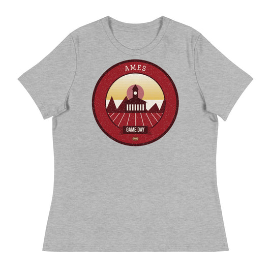 Women's Deep Red & Gold Campanile Game Day Tee in athletic heather, front