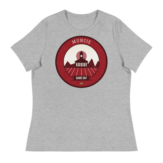 Women's Deep Red Water Tower Game Day Tee in athletic heather, front