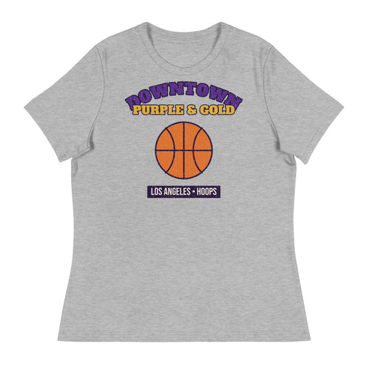 Women's Downtown Purple & Gold Hoops Tee in athletic heather, front