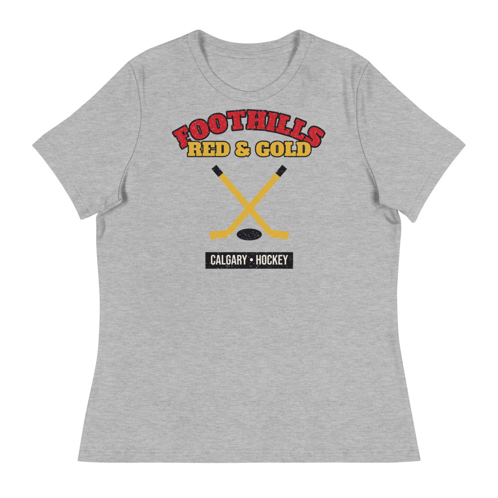Women's Foothills Red & Gold Hockey Tee in athletic heather, front