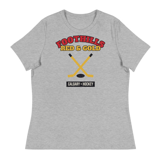 Women's Foothills Red & Gold Hockey Tee in athletic heather, front