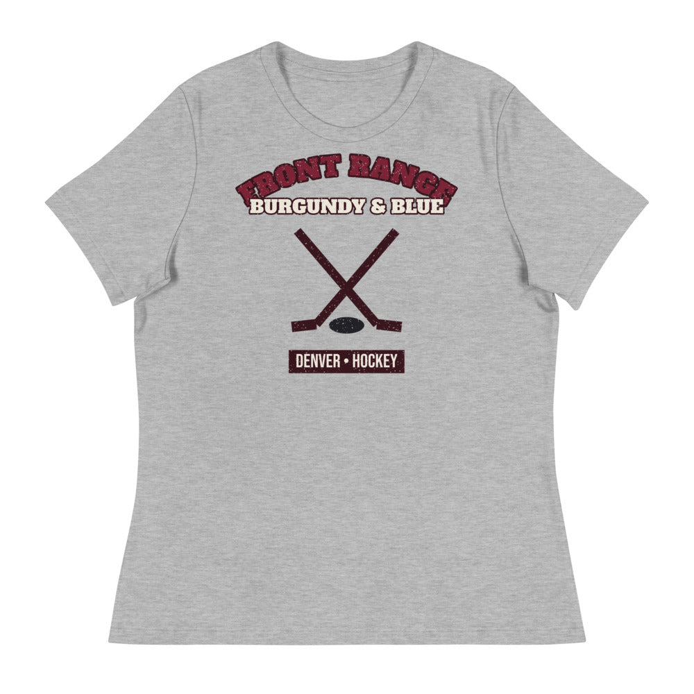Women's Front Range Burgundy & Blue Hockey Tee in athletic heather, front