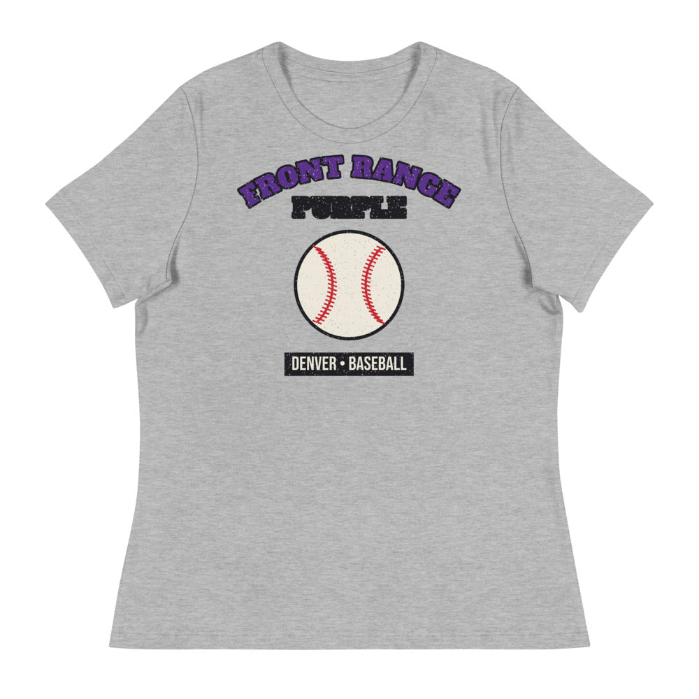 Women's Front Range Purple Baseball Tee in athletic heather, front