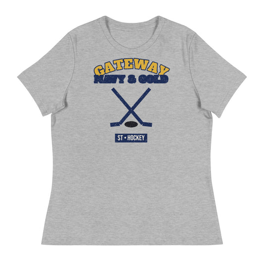 Women's Gateway Navy & Gold Hockey Tee in athletic heather, front