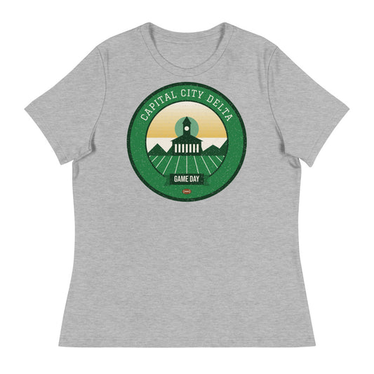 Women's Green & Gold River Delta Game Day Tee in athletic heather, front