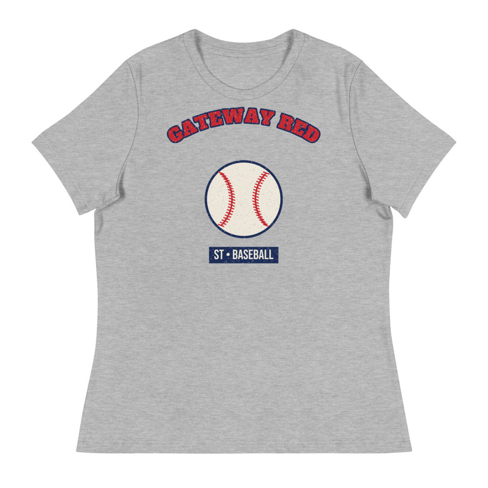 Women's Gateway Red Baseball Tee in athletic heather, front