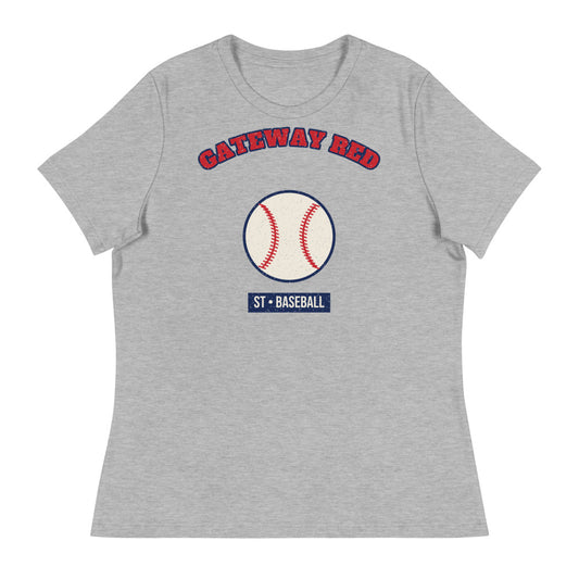 Women's Gateway Red Baseball Tee in athletic heather, front