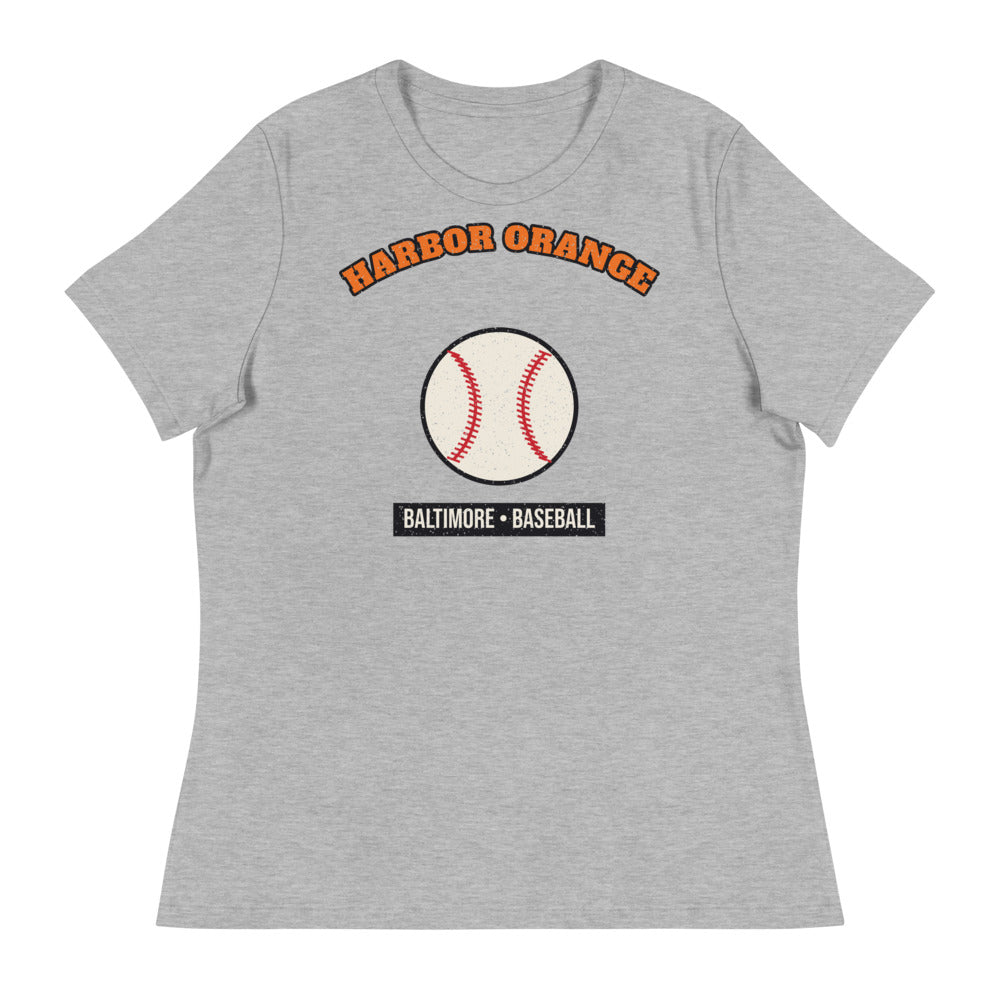Women's Harbor Orange Baseball Tee in athletic heather, front