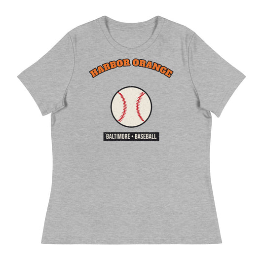 Women's Harbor Orange Baseball Tee in athletic heather, front