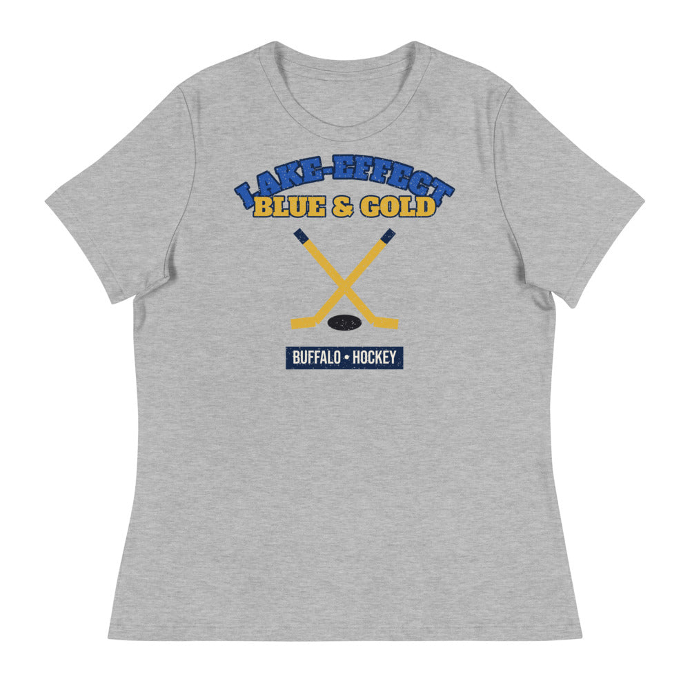 Women's Lake-Effect Blue & Gold Hockey Tee in athletic heather, front