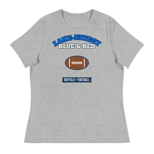 Women's Lake-Effect Blue & Red Football Tee in athletic heather, front