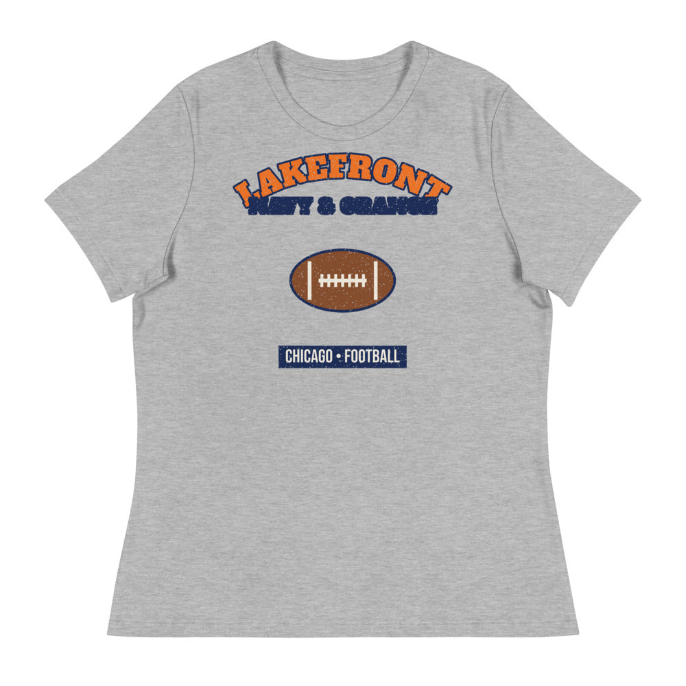 Women's Lakefront Navy & Orange Football Tee in athletic heather, front