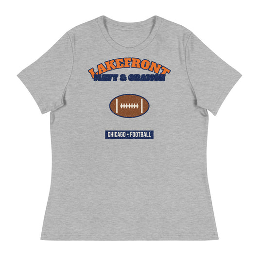 Women's Lakefront Navy & Orange Football Tee in athletic heather, front