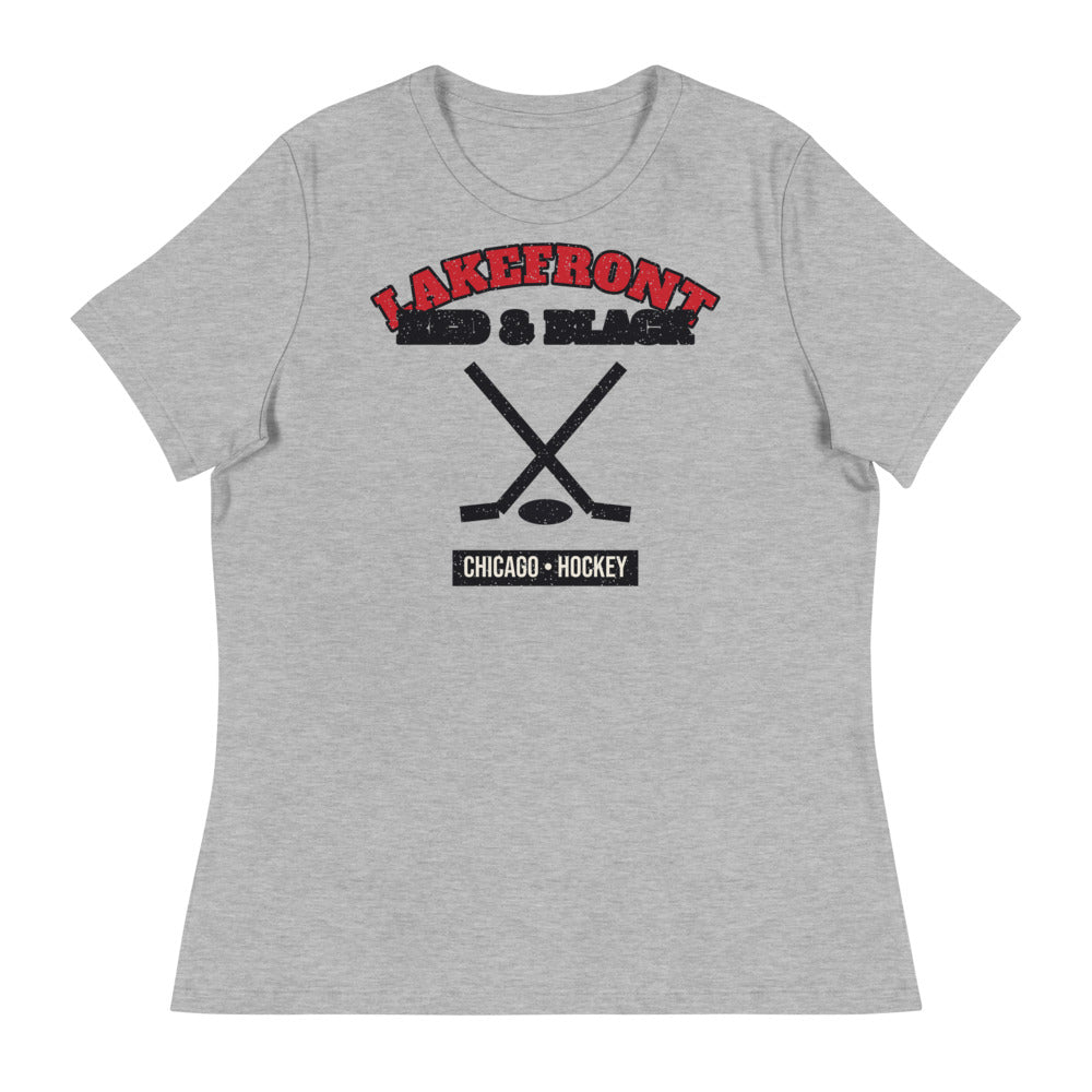 Women's Lakefront Red & Black Hockey Tee in athletic heather, front