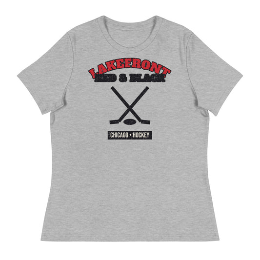 Women's Lakefront Red & Black Hockey Tee in athletic heather, front