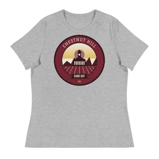 Women's Maroon & Gold Gothic Towers Game Day Tee in athletic heather, front