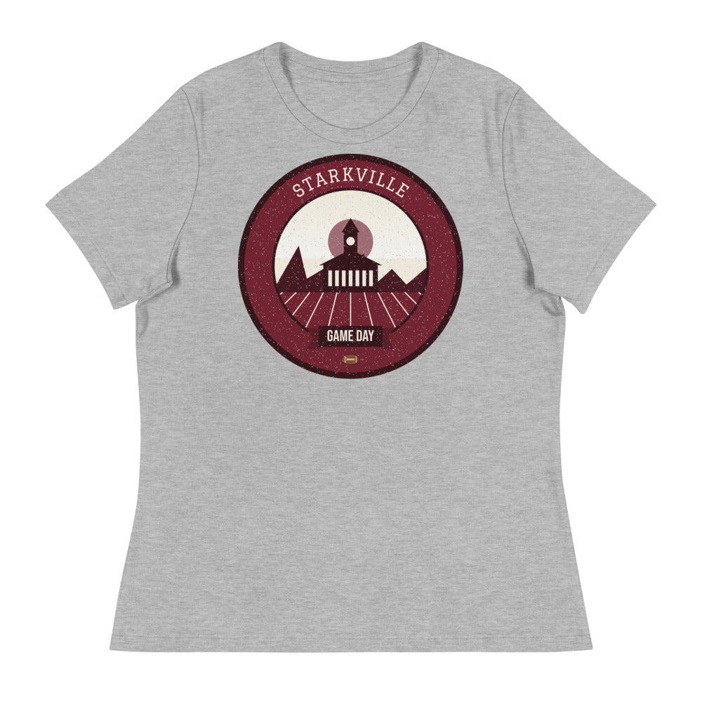 Women's Maroon & White Cowbell Game Day Tee in athletic heather, front