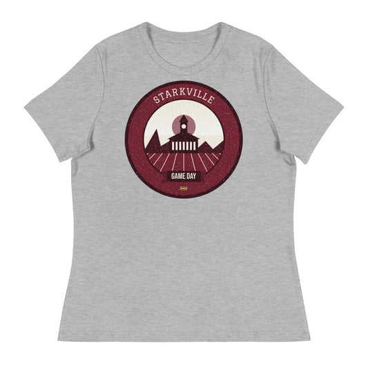 Women's Maroon & White Cowbell Game Day Tee in athletic heather, front