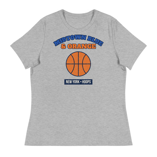 Women's Midtown Blue & Orange Hoops Tee in athletic heather, front