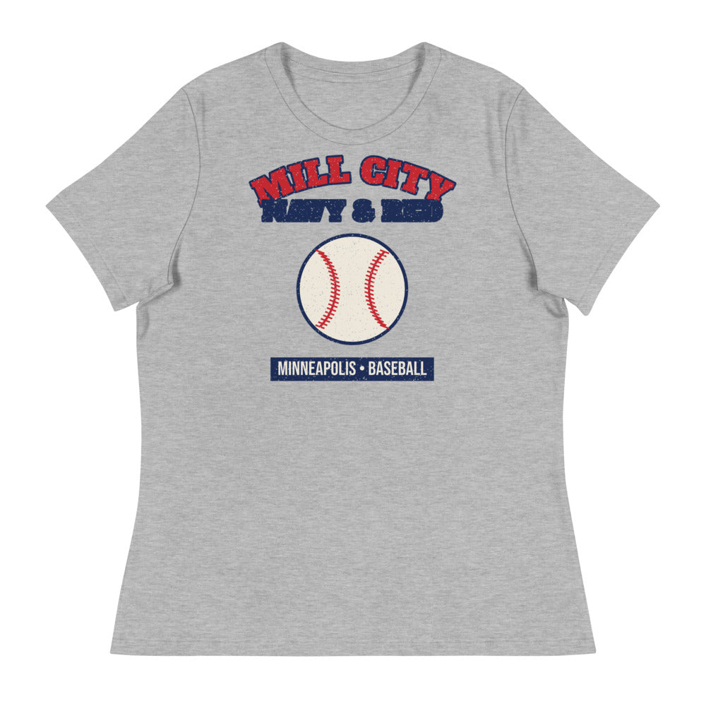 Women's Mill City Navy & Red Baseball Tee in athletic heather, front