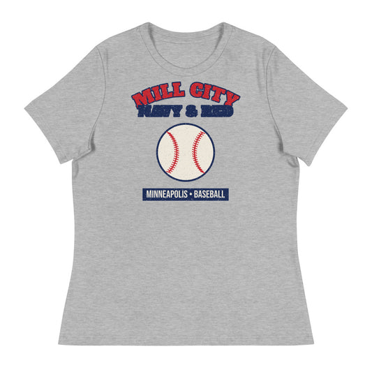 Women's Mill City Navy & Red Baseball Tee in athletic heather, front