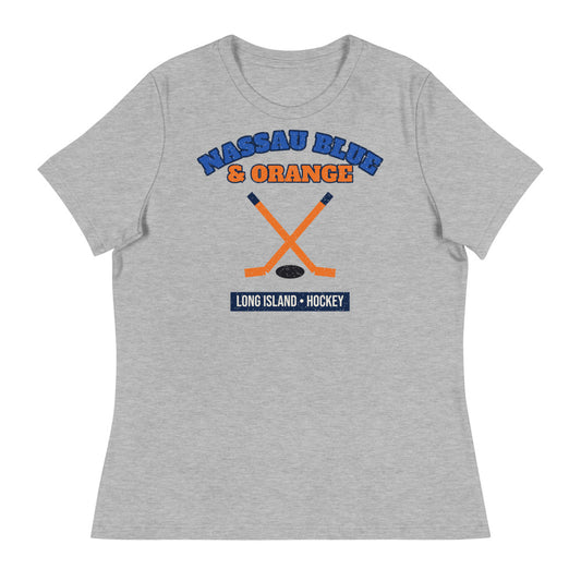 Women's Nassau Blue & Orange Hockey Tee in athletic heather, front