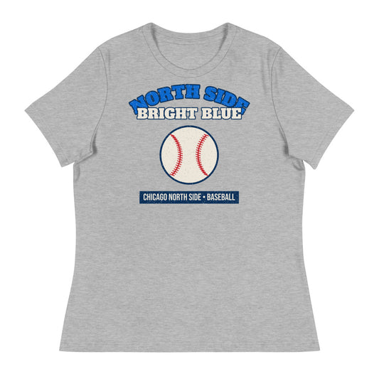 Women's North Side Bright Blue Baseball Tee in athletic heather, front