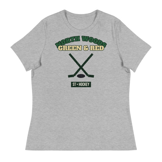 Women's North Woods Green & Red Hockey Tee in athletic heather, front