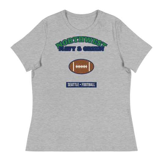 Women's Northwest Navy & Green Football Tee in athletic heather, front