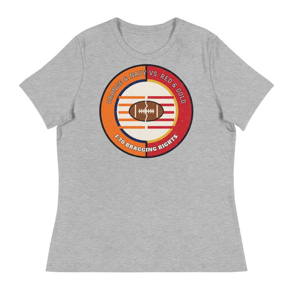Women's Orange and Navy vs Red and Gold I-70 Bragging Rights Football Tee in athletic heather, front
