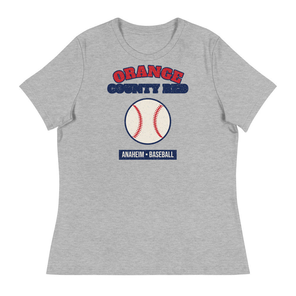 Women's Orange County Red Baseball Tee in athletic heather, front