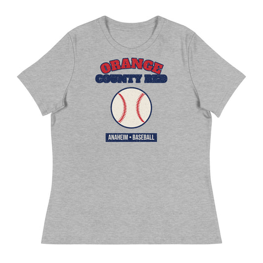 Women's Orange County Red Baseball Tee in athletic heather, front