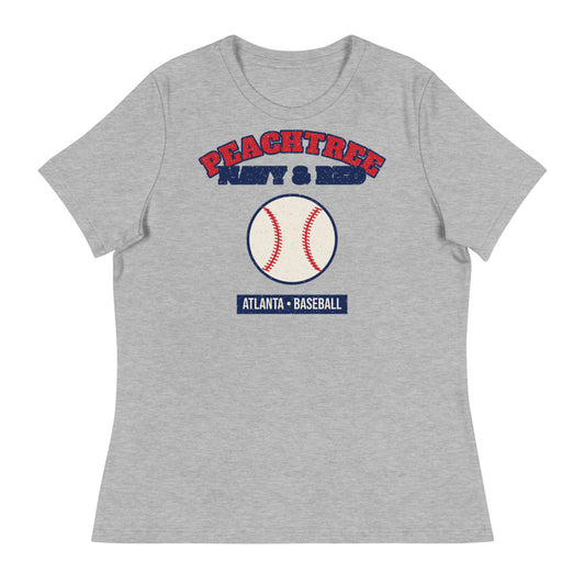 Women's Peachtree Navy & Red Baseball Tee in athletic heather, front