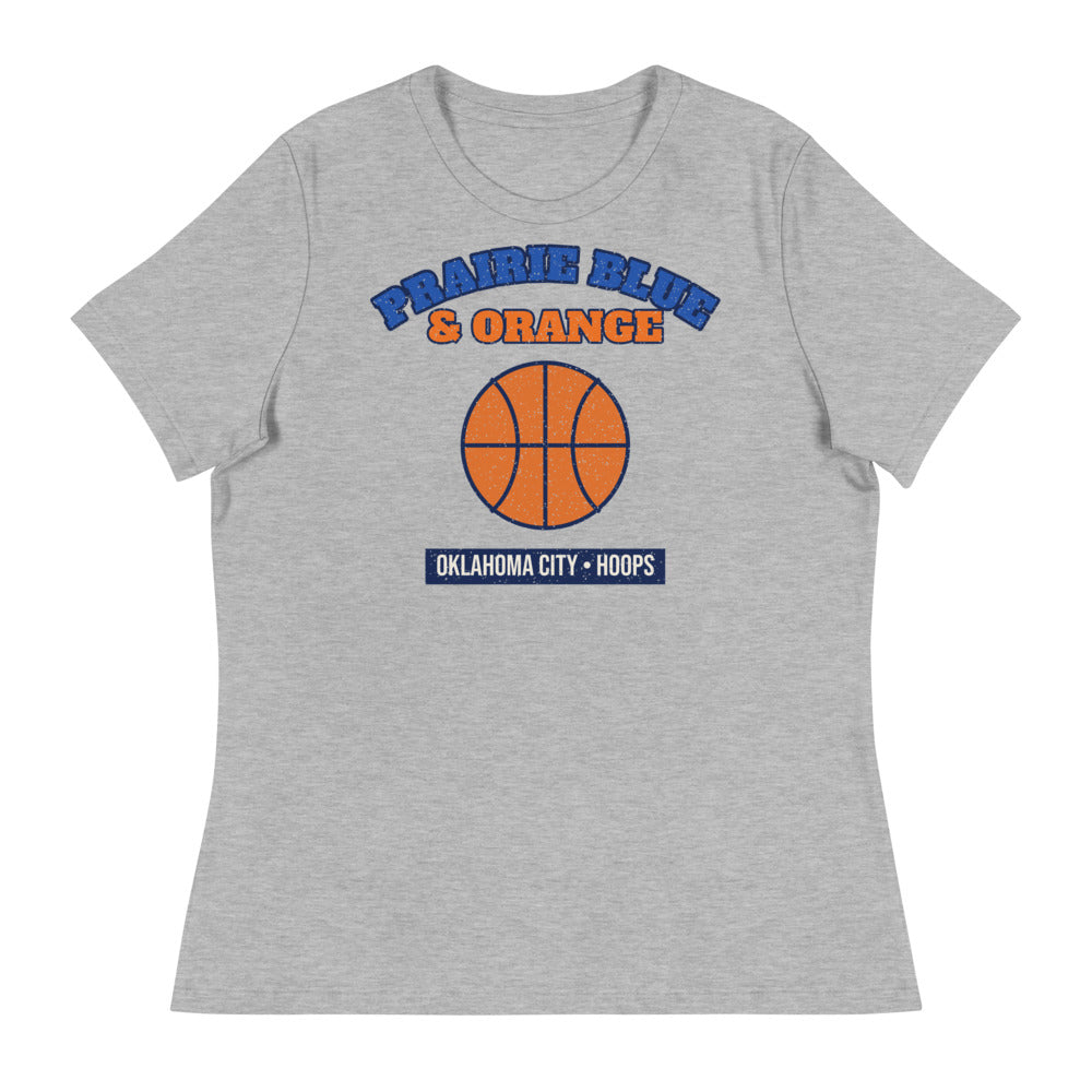 Women's Prairie Blue & Orange Hoops Tee in athletic heather, front