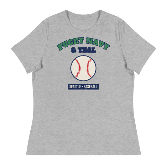 Women's Puget Navy & Teal Baseball Tee in athletic heather, front