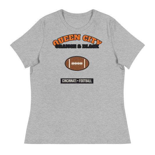 Women's Queen City Orange & Black Football Tee in athletic heather, front
