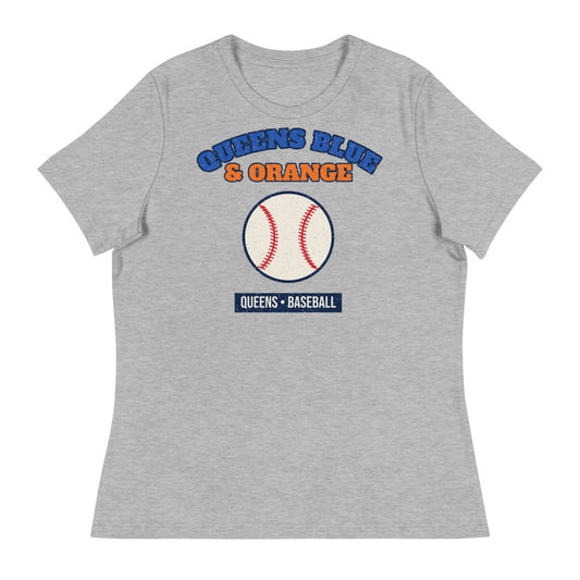 Women's Queens Blue & Orange Baseball Tee in athletic heather, front