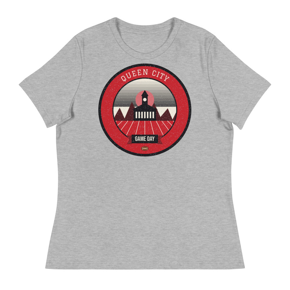 Women's Red & Black Queen City Game Day Tee in athletic heather, front
