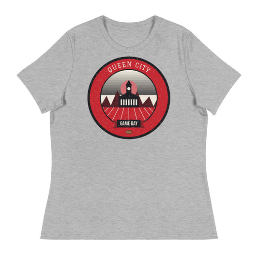 Women's Red & Black Queen City Game Day Tee in athletic heather, front
