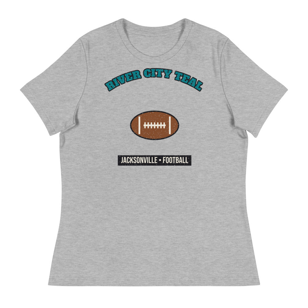 Women's River City Teal Football Tee in athletic heather, front