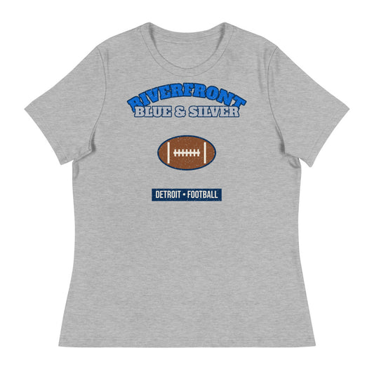 Women's Riverfront Blue & Silver Football Tee in athletic heather, front