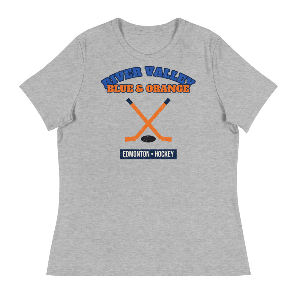 Women's River Valley Blue & Orange Hockey Tee in athletic heather, front