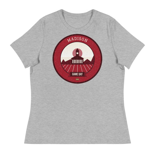 Women's Red & White Isthmus Game Day Tee in athletic heather, front