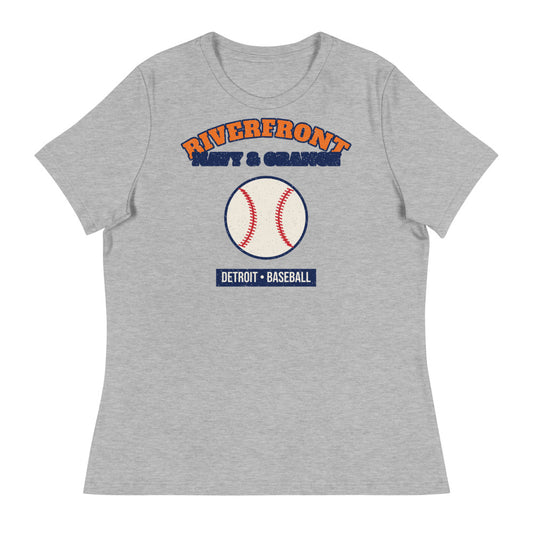 Women's Riverfront Navy & Orange Baseball Tee in athletic heather, front
