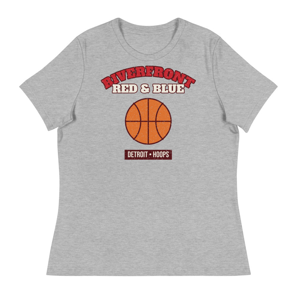 Women's Riverfront Red & Blue Hoops Tee in athletic heather, front