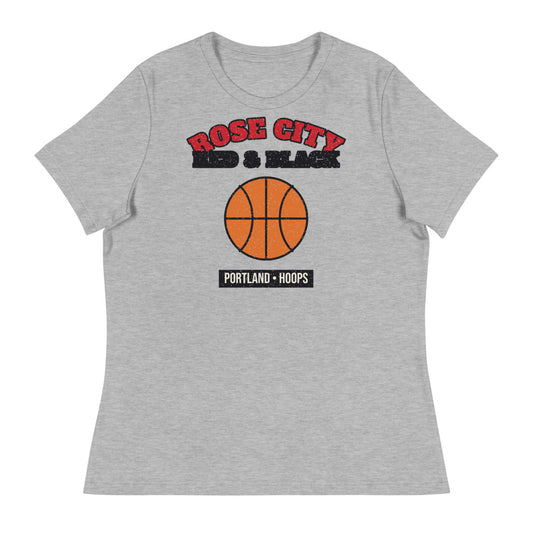 Women's Rose City Red & Black Hoops Tee in athletic heather, front